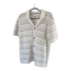 Marine Layer Open Knit Stripe Button Down Sweater Shirt Natural